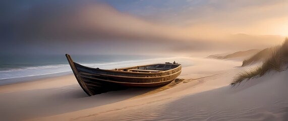 An oil painting of a serene beach with an ancient wooden boat partially buried in the sand under soft evening light