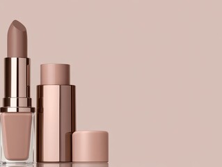 Elegant makeup items featuring lipstick and compact in Pantone Mocha Mousse PMS 17-1230 tones.