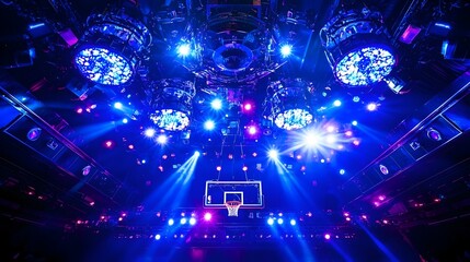 Dramatic low-angle shot of a basketball hoop illuminated by vibrant stage lights in an arena.  Perfect for sports, music, and event themes.