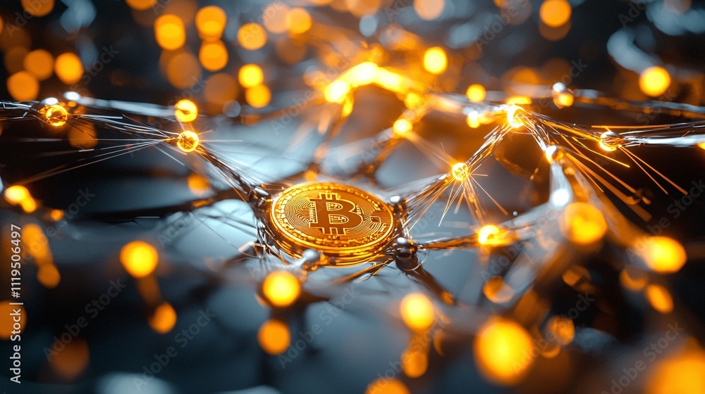 Poster cryptocurrency regulation and blockchain technology concept bitcoin in digital network with glowing 
