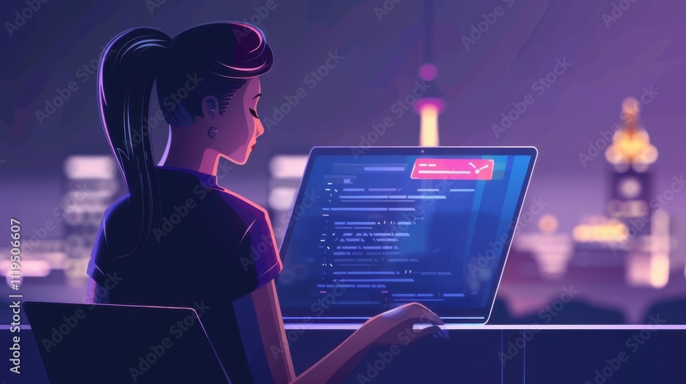 Poster ai generative app. woman chatting with artificial intelligence software in computer laptop. technolo
