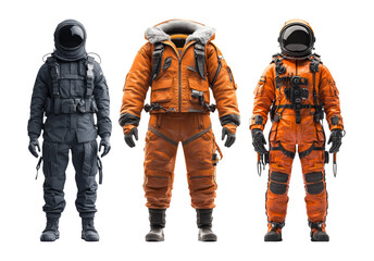 Fototapeta premium Three Astronaut Suits on Transparent Background