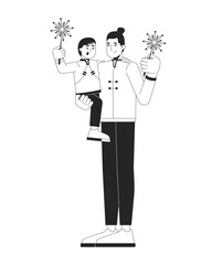 Chinese father with son in tang suits holding sparkler sticks black and white 2D line characters. Little boy in dad arms Lunar New Year isolated vector outline people. Monochromatic spot illustration