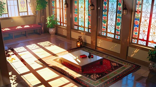 Cartoon anime cozy living room interior with a middle-eastern style.seamless looping 4k time-lapse video background