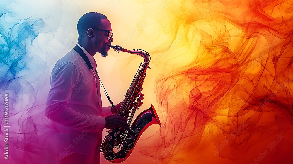 Poster saxophonist in smooth jazz performance with abstract color and shapes