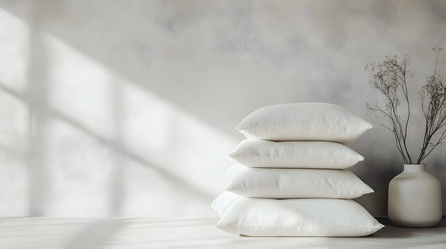 A stack of soft white pillows against a neutral-colored wall