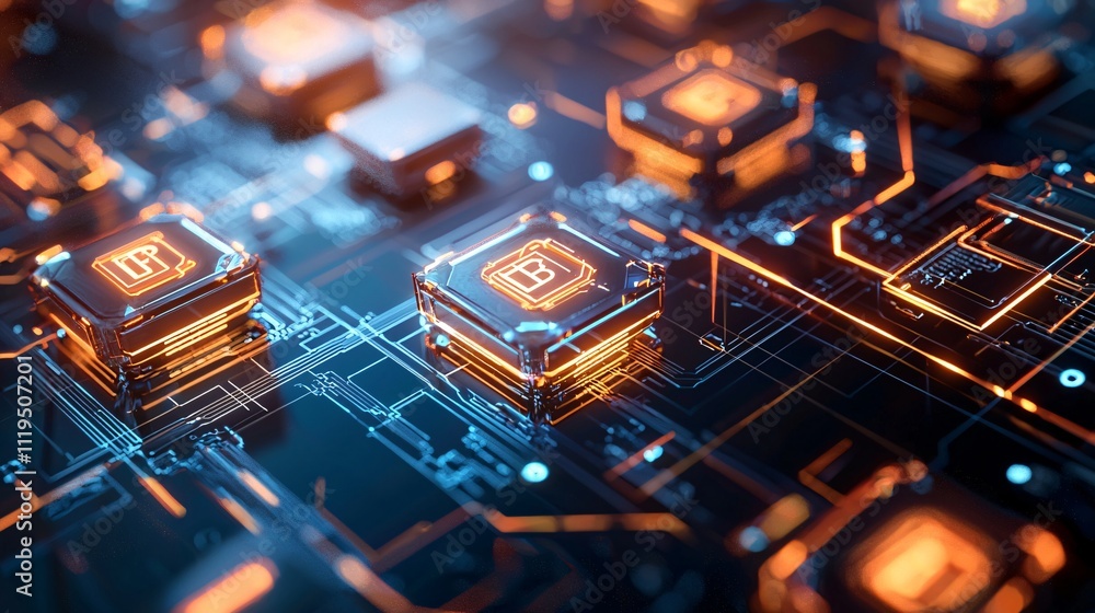 Poster cryptocurrency regulation and blockchain technology concept futuristic circuit board with glowing mi