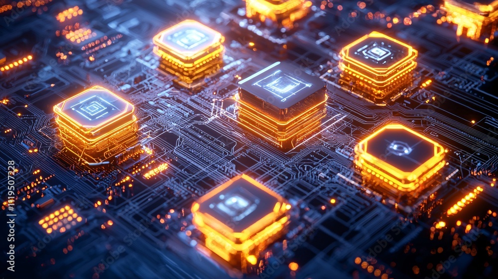 Poster cryptocurrency regulation and blockchain technology concept high-tech digital circuit board with glo