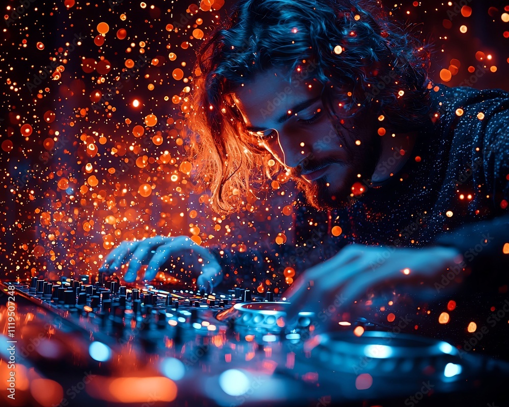 Aufkleber dj mixing tracks with floating geometric patterns and sound waves blending music and digital art
