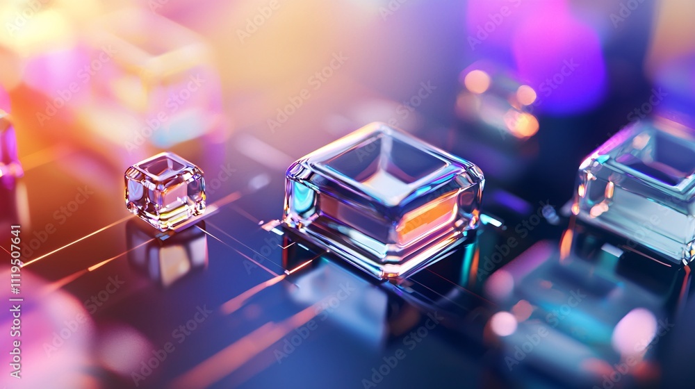 Poster cryptocurrency regulation and blockchain technology concept abstract colorful transparent cubes on d