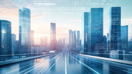 Modern cityscape with futuristic overlay, dynamic lines on road