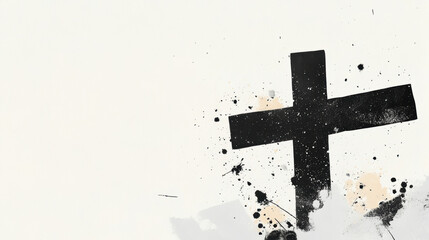 Abstract black cross on a splattered paint background with minimalist design