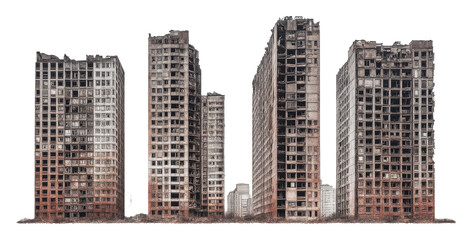 abandoned high-rise buildings with damaged exteriors, urban decay and devastation concept