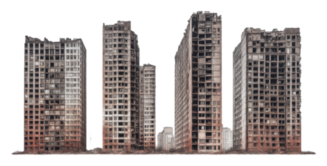 abandoned high-rise buildings with damaged exteriors, urban decay and devastation concept
