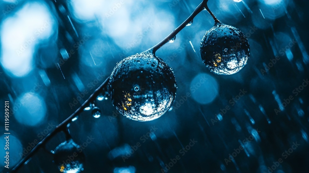 Poster stunning macro shot of rain droplets on a branch, creating mesmerizing orbs. perfect for nature, abs
