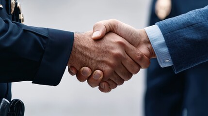 A close-up of two hands shaking, one in a police uniform and the other in a business suit, symbolizing partnership and collaboration.