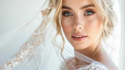 A close-up portrait of a beautiful bride with radiant skin, soft makeup, and a lace veil against a light background. This elegant image represents love, romance, and wedding celebrations.