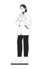 Modern chinese woman in autumn coat clapping hands black and white 2D line character. Applauding asian lady with chopsticks hair bun isolated vector outline person. Monochromatic spot illustration