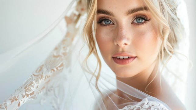 A close-up portrait of a beautiful bride with radiant skin, soft makeup, and a lace veil against a light background. This elegant image represents love, romance, and wedding celebrations.