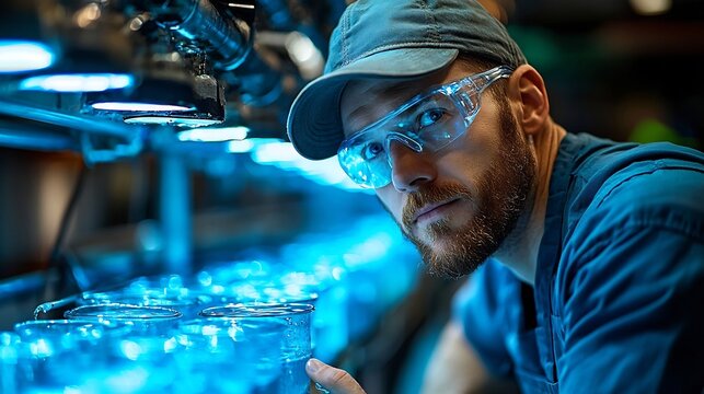 Technician Optimizing Futuristic Wastewater Treatment System with Holographic Display