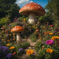 "A whimsical garden with giant mushroom sculptures, vibrant flowers, and fantastical creatures."

