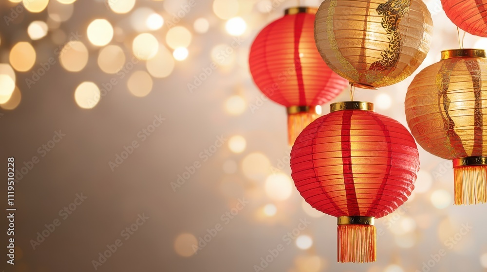 Poster colorful lanterns hang against a soft bokeh background, creating a festive and warm atmosphere.