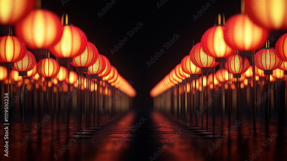 Aufkleber a serene pathway illuminated by vibrant red lanterns, creating a warm and inviting atmosphere.
