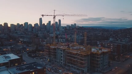 Urban Construction Site at Dusk Overlooking City Skyline