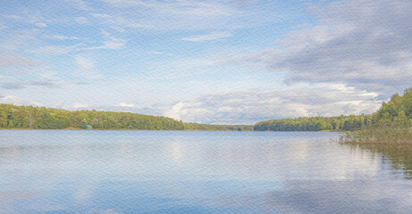 Calm lake with a few trees in the background