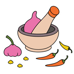 Chili Powder and Red Peppers with Mortar and Pestle Vector