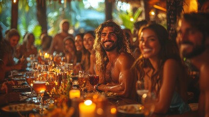A lively group of diverse individuals enjoying a festive dinner outdoors, smiling and sharing conversation amidst beautiful tropical surroundings.