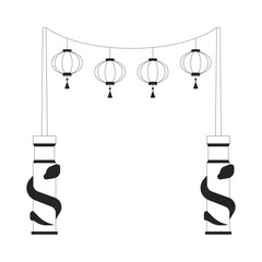 Chinese temple entrance with hanging paper lanterns black and white 2D line object. Spring festival gate. Traditional oriental arch isolated clip art vector outline item. Monochrome spot illustration
