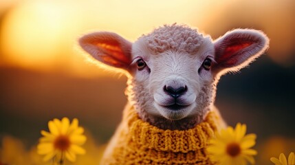 Naklejka premium A charming image of an adorable lamb wearing a yellow sweater, set against a blooming field, capturing the warmth and innocence of rural life.