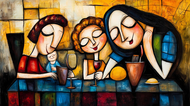 Colorful expressionist painting of family enjoying drinks together, featuring three adults and child, with vibrant colors and abstract shapes creating joyful atmosphere