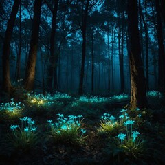 Obraz premium A mystical forest clearing with glowing bioluminescent flowers.
