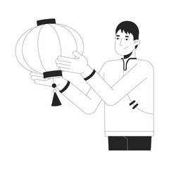 Chinese man hanging paper lantern black and white 2D line character. Traditional tang suit guy decorating for spring festival isolated vector outline person. Monochromatic spot illustration