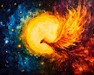 mythical phoenix rises from vibrant sun, surrounded by cosmic backdrop of stars and swirling colors, conveying sense of rebirth and transformation