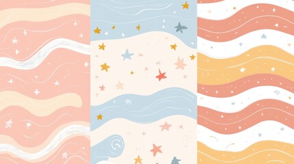 Three pastel-colored wavy stripe patterns with stars.