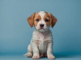 Cute puppy dog on light blue background with copyspace. Generative AI.