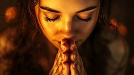 Young woman praying with closed eyes and joined hands