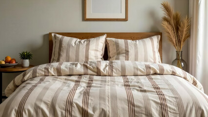 Striped linen duvet cover with mocha mousse stripes in a cottage-style bedroom. Cottagecore, color of the year 2025.