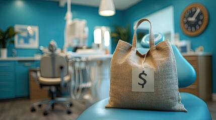 A money bag in a dental office with blue dÃ©cor and contemporary technology, signifying financial investment or dental care expenses 