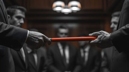 Two men in suits exchange a red baton in a dimly lit room, with other men in suits in the background.
