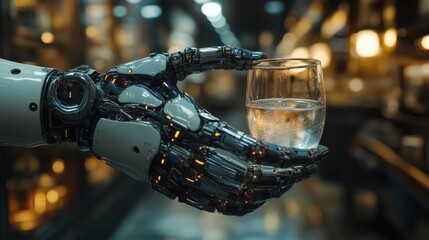 A sleek robotic arm holds a glass of water, showcasing futuristic technology with precise mechanics and a polished metallic finish in a soft-focus background.
