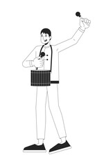 Chinese New Year drum performer with drumsticks black and white 2D line character. Asian man in traditional tang suit drumming beating isolated vector outline person. Monochromatic spot illustration