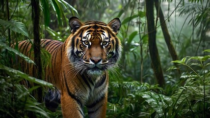Sumatran Tiger crouching in a misty jungle, piercing eyes focused, surrounded by lush greenery and towering trees, generative ai