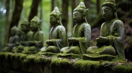 Obraz premium Four moss-covered stone statues of serene figures sit in meditation, embraced by a lush, tranquil forest setting.