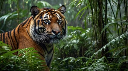 Fototapeta premium Sumatran Tiger crouching in a misty jungle, piercing eyes focused, surrounded by lush greenery and towering trees, generative ai