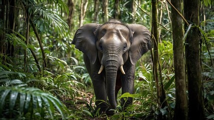 Fototapeta premium Pygmy Elephant in Borneo's rainforest, surrounded by tall trees and dense vegetation, highlighting its natural habitat. generative ai