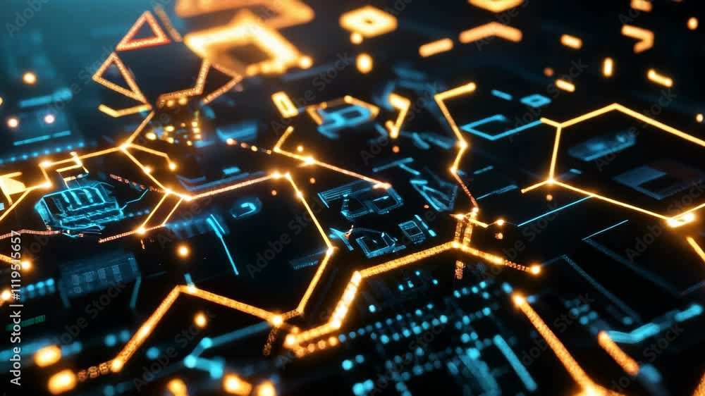 Poster orange hexagonal shapes connect and grow, forming a complex digital network. data flows through the 